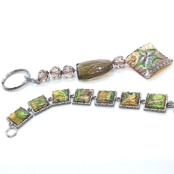 Handcrafted Abalone-Style Square Link Bracelet & Beaded + Glass Keychain Set - Picture 8 of 8